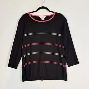 Exclusively Misook‎ Womens Large Top Tight Knit Black Pink Stripe Coastal Career